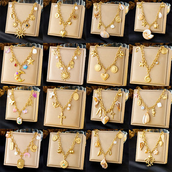 Cross-Border Popular Multi-Element Accessories Pendant Stainless Steel Metal Marine Life Flower Dripping Oil Moon Sun Necklace