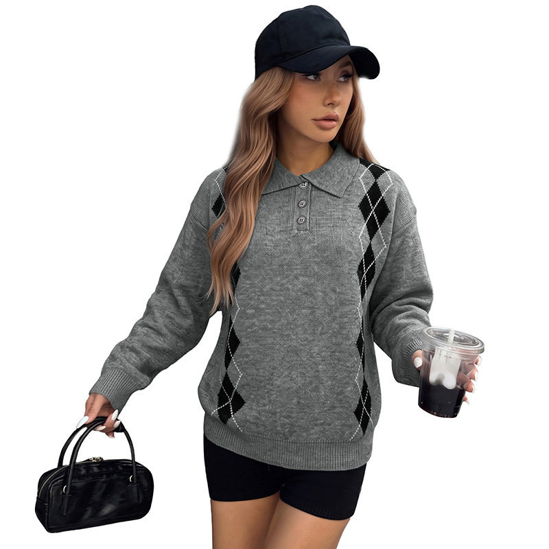 Polo Neck Knit Sweater American Street Style Loose Fit Diamond Pattern Casual Wear for Men Wholesale Available