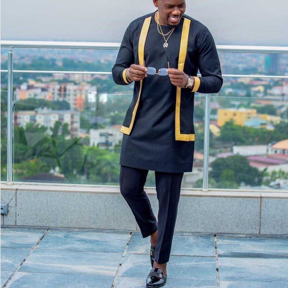 传统外贸非洲风格男士结婚新西装2件套圆领长袖上衣加裤子外贸