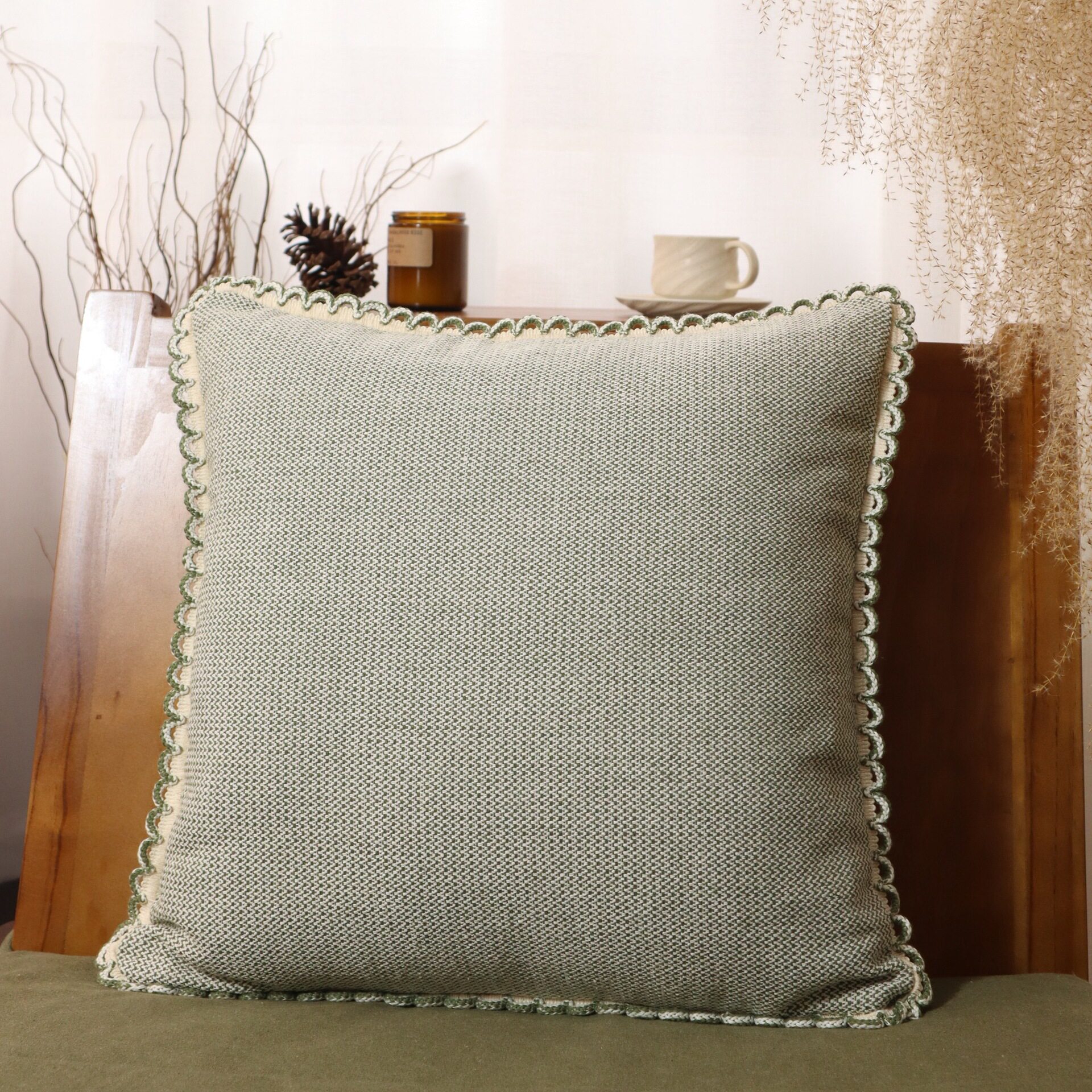 Simple Ins Style Forest Color Cut Flower Woven Pillow Living Room Bedroom Pillow Case Tassel Lace Cushion