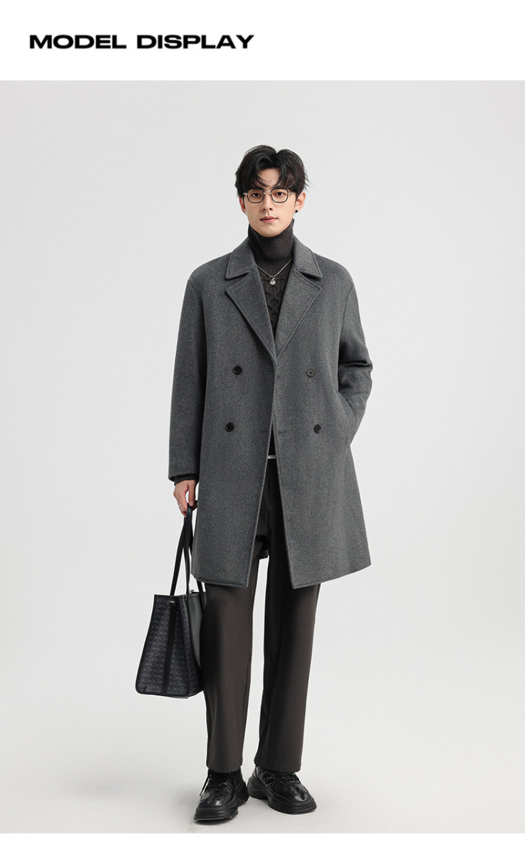 Áo khoác dạ len cashmere nam dáng dài hai hàng khuy mùa đông — Màu Xám (không bao gồm áo vest), Cà phê đậm (không bao gồm áo vest), Cà phê đậm (có áo VEST), Màu đen (có áo VEST)
