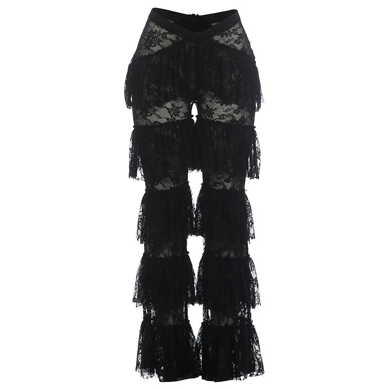 Womens Fashionable Ruffled Sheer Trousers Sexy Low Waist Design Elegant French Style for Autumn Wholesale Available