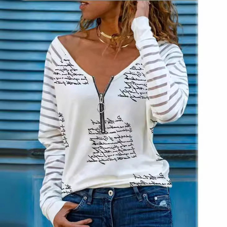 Long Sleeve V Neck T Shirt Eye Print Zipper Design Comfortable Fabric Casual Wear for Spring and Autumn Wholesale