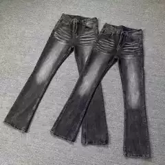 American-style cleanfit high-end distressed black and gray pattern jeans boys washed vintage micro-scallop trousers