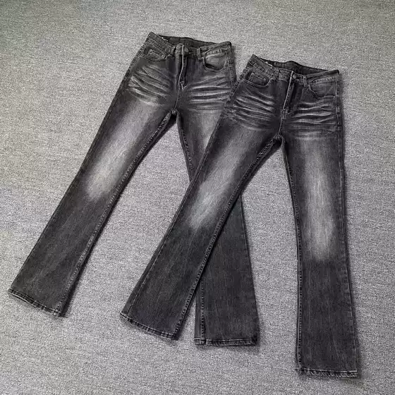 American-style cleanfit high-end distressed black and gray pattern jeans boys washed vintage micro-scallop trousers