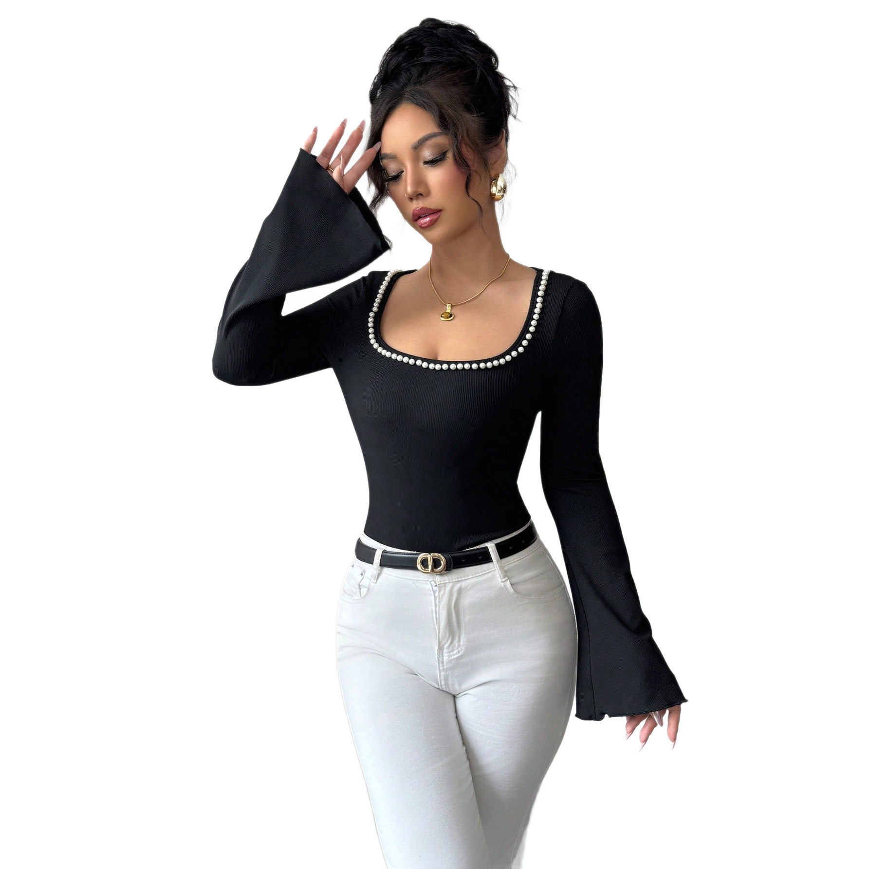 Black Square Neck T Shirt for Women Pearl Decor Flared Sleeves Slim Fit Long Sleeve Casual Wear Wholesale