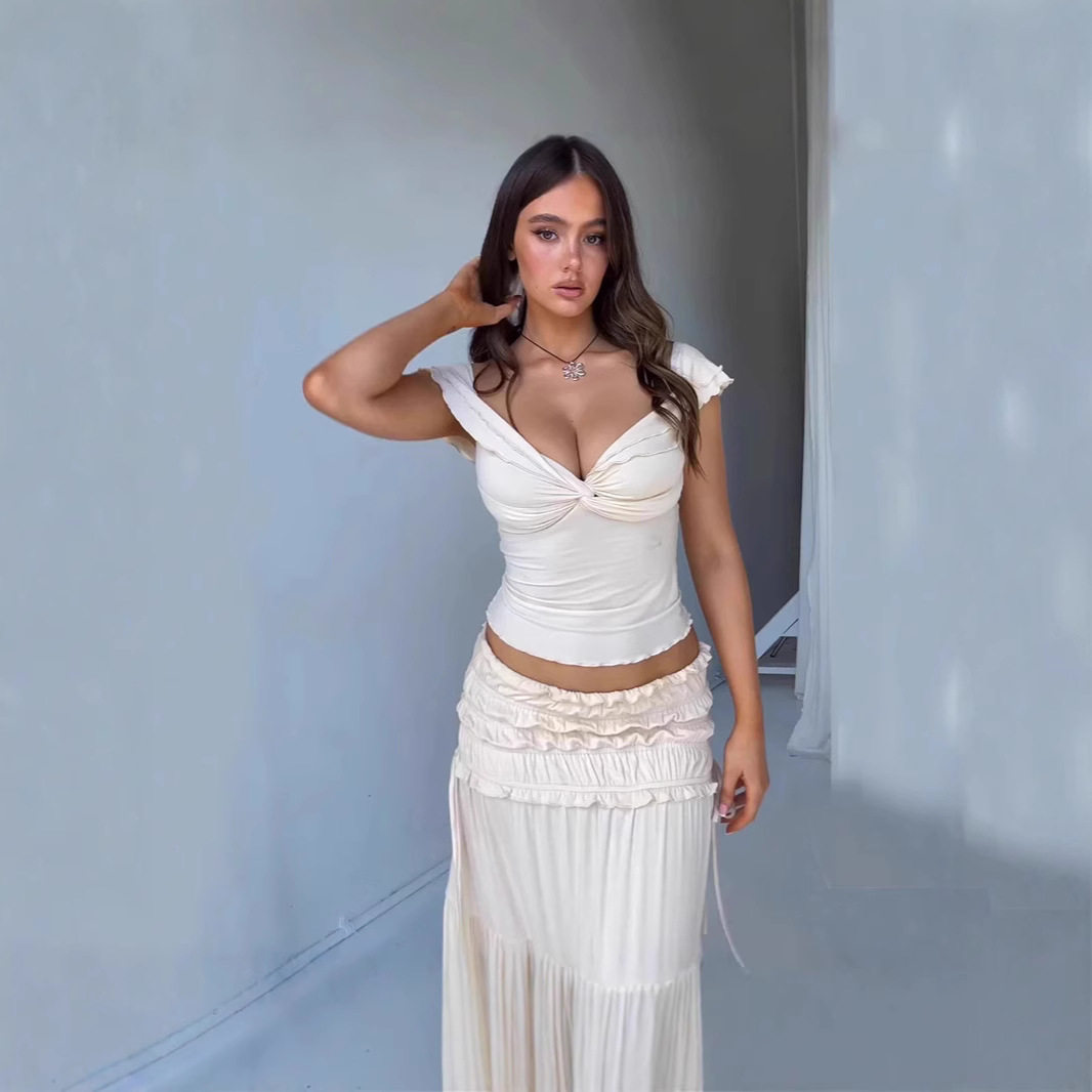 Womens French Style Cropped Tank Top and Ruched Midi Skirt Set Sexy Low Cut Flattering Fit Autumn Fashion Wholesale