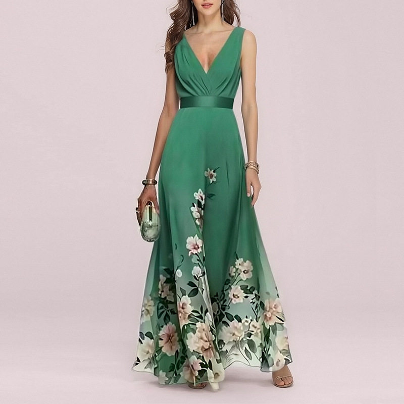 Elegant Floral V Neck Maxi Dress Summer Collection Waist Defined Comfortable Fabric Perfect for Casual or Formal