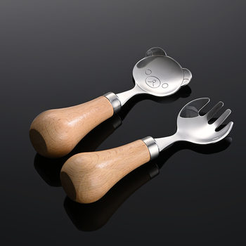 Jiasheng Wooden Handle Tableware Set 304 Stainless Steel Kidsren's Short Handle Knife, Fork and Spoon Can Stand Bear Training Food Spoon