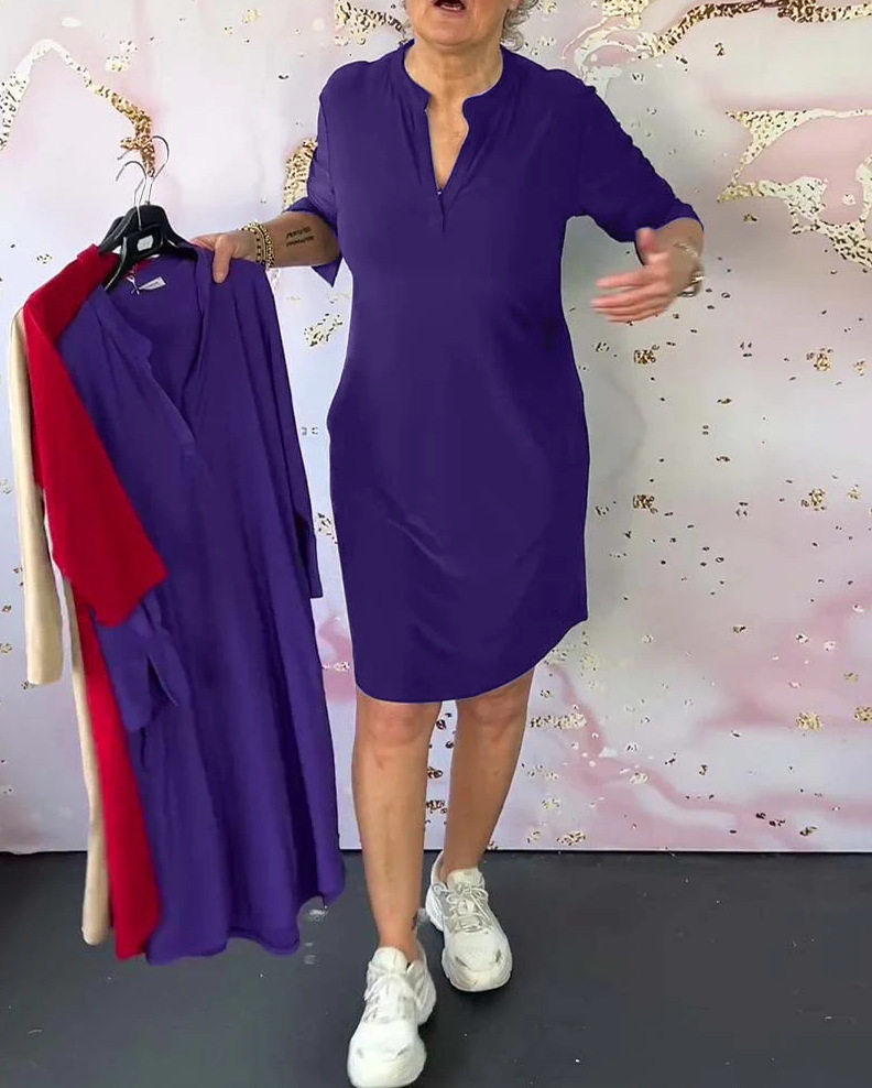 Summer Womens Midi Dress Fashionable Solid Color V Neck Casual Style Perfect for Everyday Wear Wholesale Available