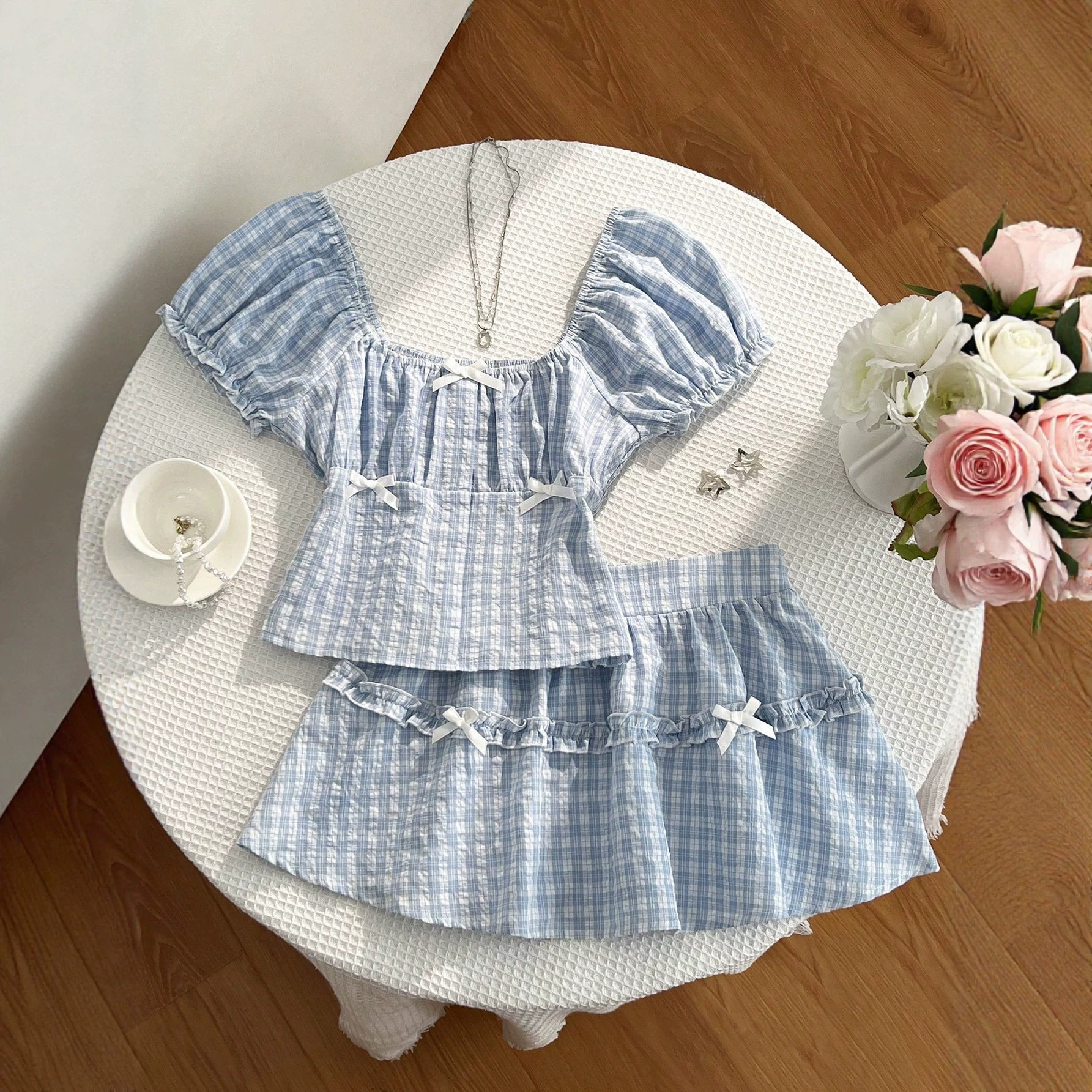 Summer Womens Plaid Puff Sleeve Shirt and A Line Skirt Set Casual Style Lightweight Fabric Perfect for Warm Weather