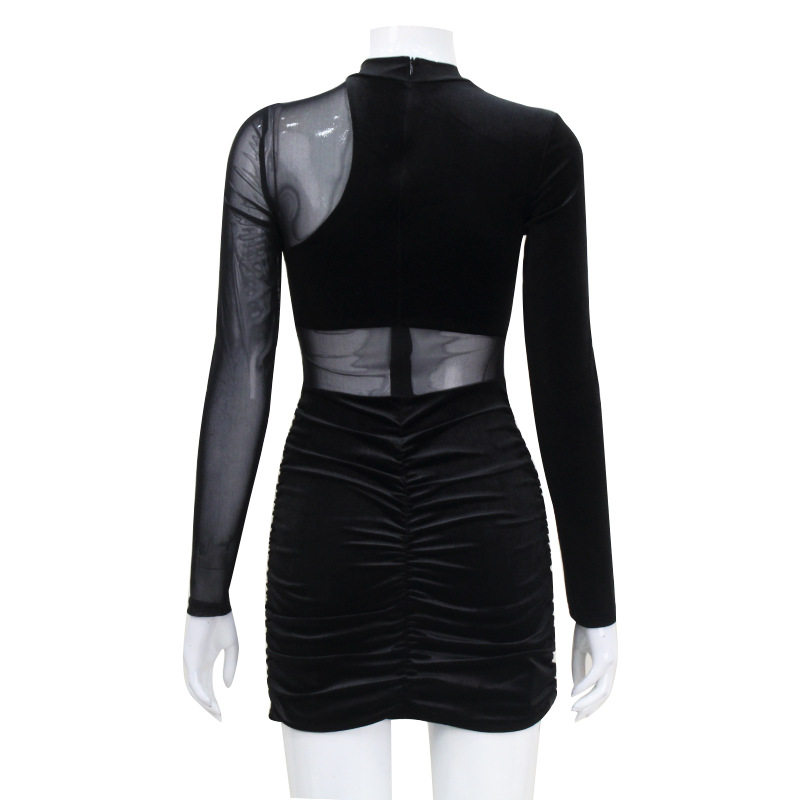 Womens Velvet Bodycon Dress Sheer Mesh Panel Ruched Design Long Sleeve Autumn Fashion for Parties Wholesale