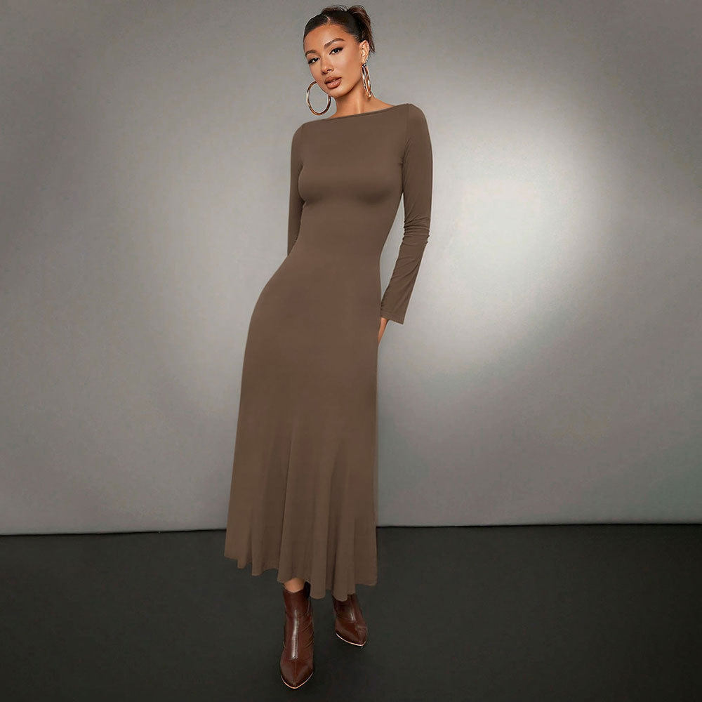 Solid Color Long Sleeve Bodycon Dress Mermaid Hem Off Shoulder Neckline Mid Length Perfect for Parties and Events