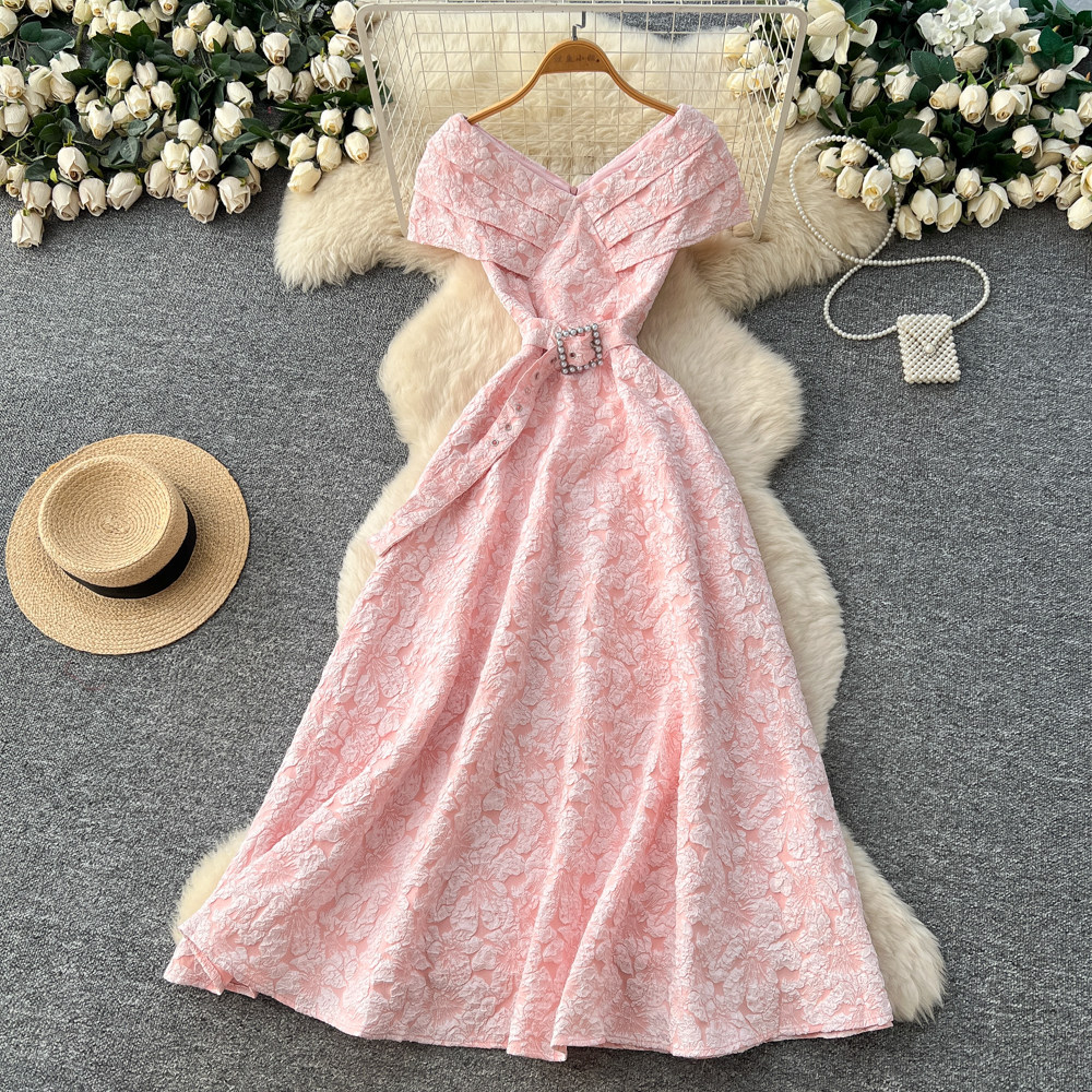 French Style Blue Floral Maxi Dress for Women Summer High Waist A Line Puff Sleeves Slim Fit Elegant Occasion