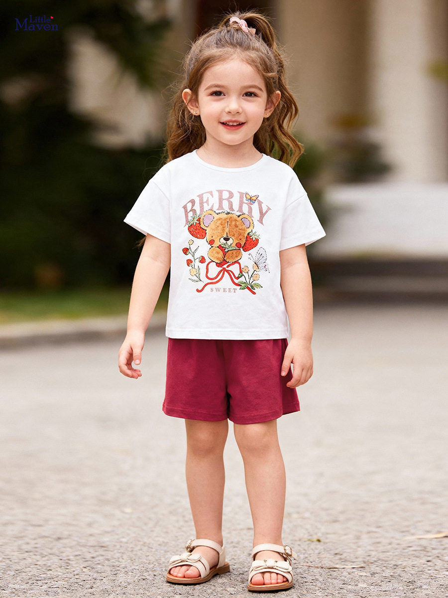 Summer Kids' Set, [Style] Girls' Outfit, Cartoon Bear Casual Kids' Clothing