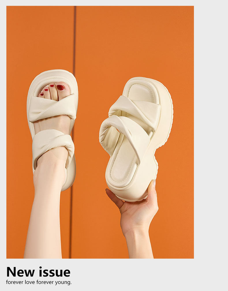 Sandal nữ đế dày platform mũi tròn quai chữ V — Len sạch, Đen chi tiết 12