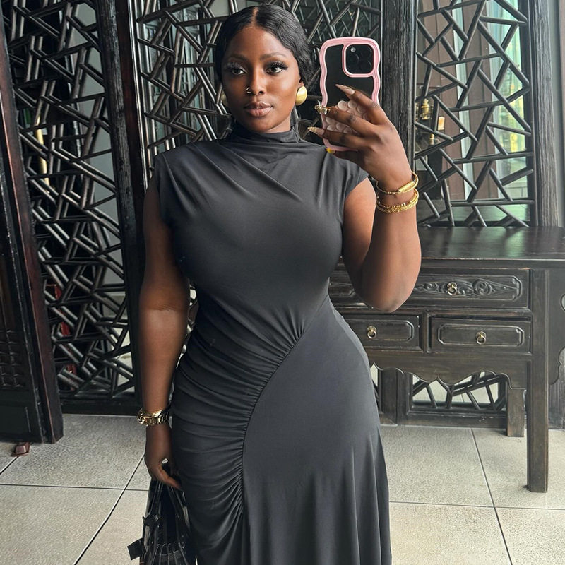 Womens Elegant Solid Color Sleeveless Dress Round Neck Irregular Hem Chic Style Perfect for Casual or Formal