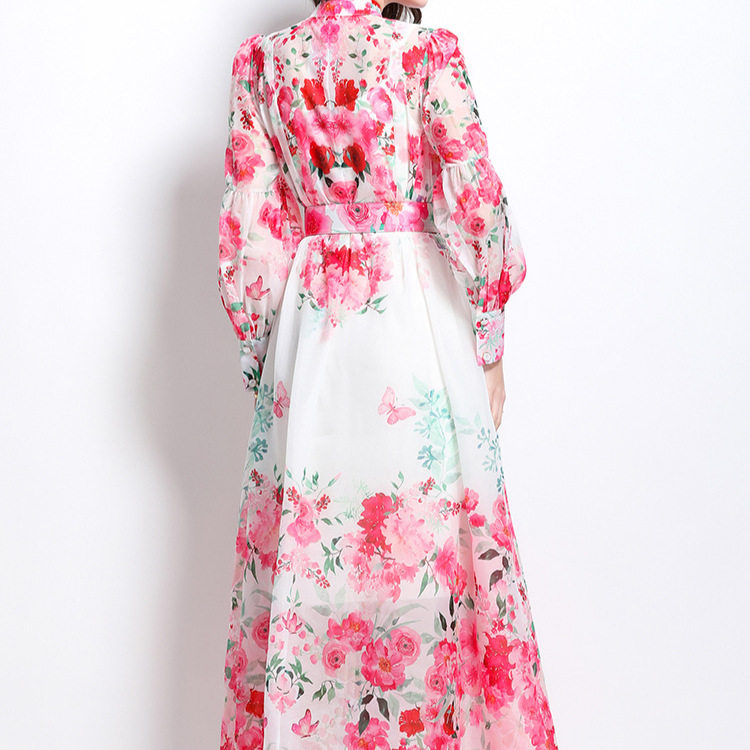Elegant Floral Maxi Dress High Waist Lantern Sleeves Spring Collection Perfect for Formal Occasions Wholesale