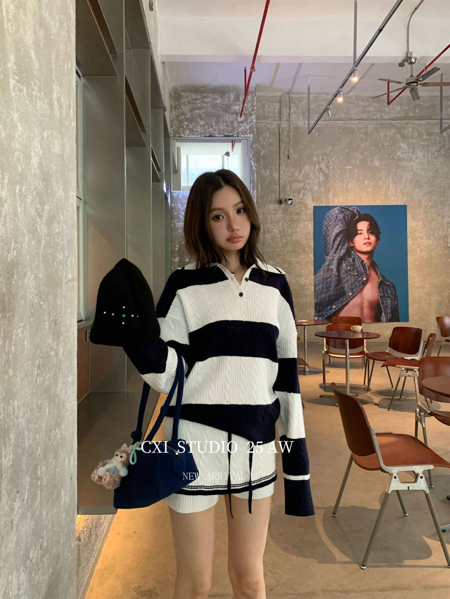 Cxi Contrast Color Stripe Lapel Knitted Sweater Suit Women's Autumn Korean Slim Fit Slimming Shorts Sweater Two-Piece Set