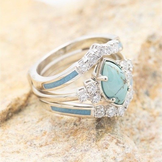 Wish New Jewelry European and American Cross-Border Creative Turquoise Diamond-Encrusted Three-Piece Set Women's Ring Ins Jewelry