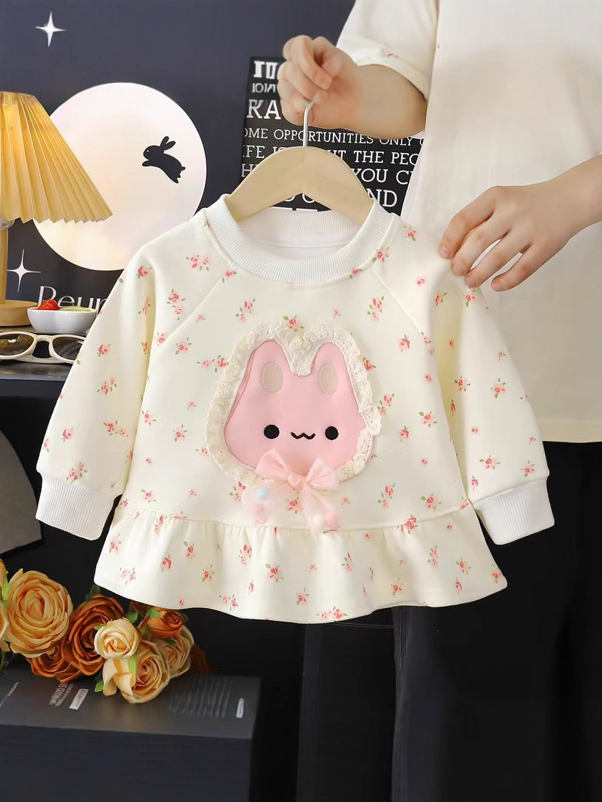 Girls' Autumn Pullover Hoodie, New Cute Stylish Cartoon Cat & Rabbit Print Floral Hem Top