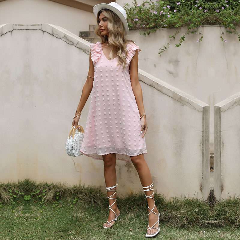 Loose Fit V Neck Chiffon Dress Solid Color Summer Style Perfect for Valentines Day Wholesale Available