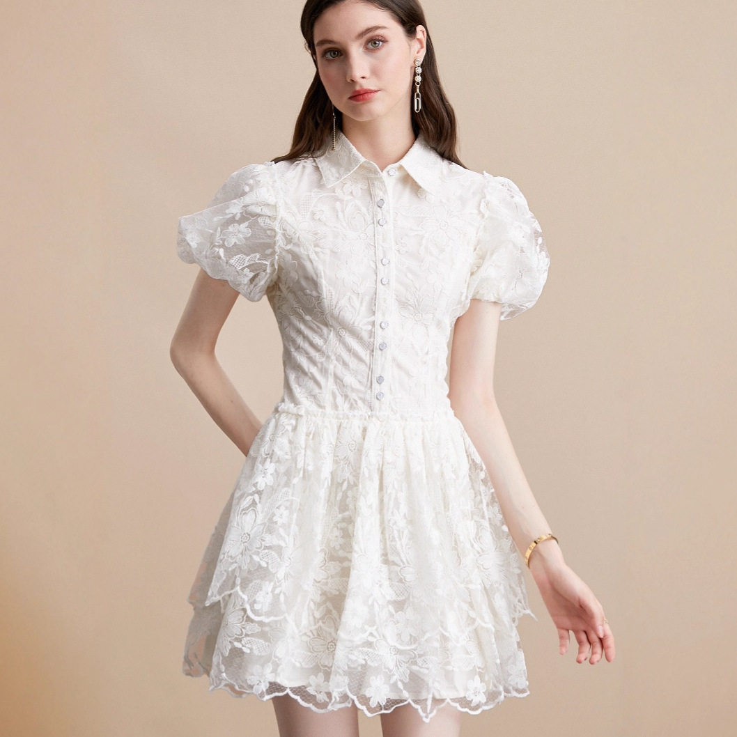 French Vintage Court Style Dress Elegant Embroidery Ruffled Hem Sweet Princess Silhouette Perfect for Parties and
