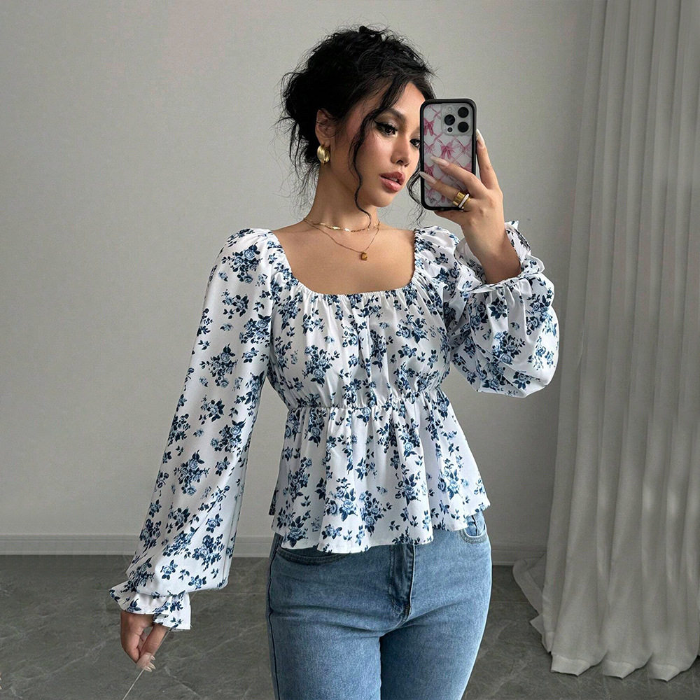 Floral Print Puff Sleeve T Shirt Fresh and Sweet Design Spring Summer Casual Wear Wholesale Available