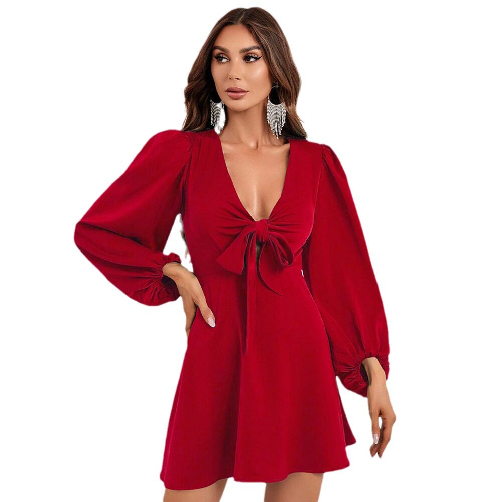 Sexy Hollow Out Tie Waist Puff Sleeve Dress Elegant Design Comfortable Fabric Perfect for Parties Wholesale Available