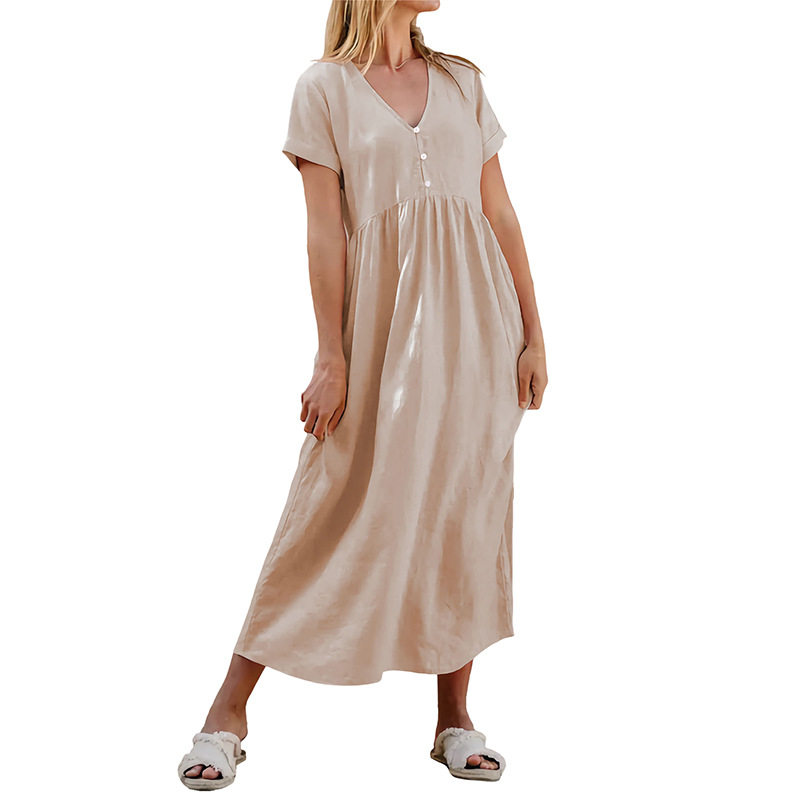 Casual Loose Button V Neck Solid Color Dress New Arrival European and American Style Perfect for Everyday Wear