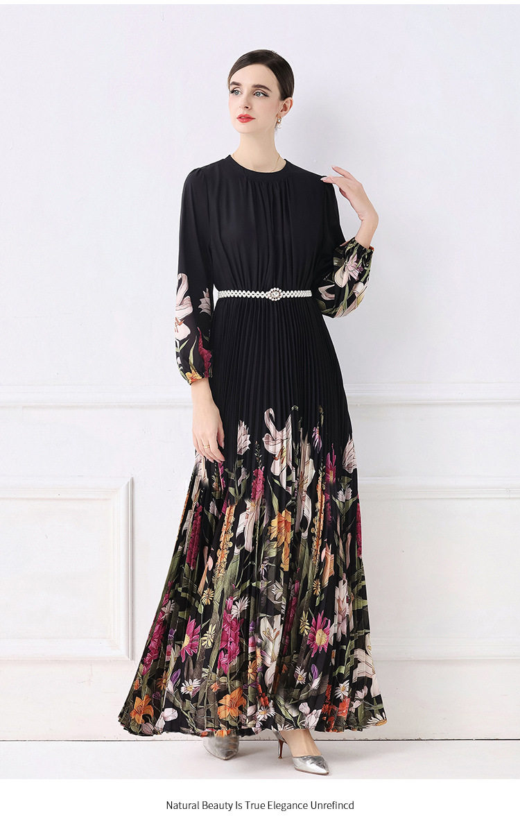 Elegant French Style Womens Dress High End Aesthetic Waist Tie Design Fashionable Floral Print Pleated Long Skirt