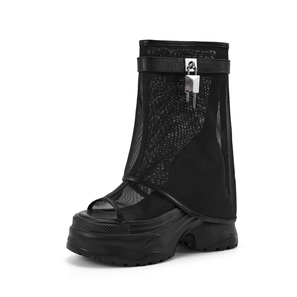 Boot nữ cổ trung lưới khoét hở phối da bò, đế dày tăng chiều cao — Đen có hình, màu đen, Màu nâu, Màu nâu có hình