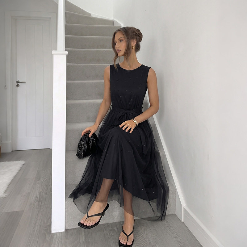 Elegant Black Mesh Sleeveless Dress Waist Defining Lightweight Chic Design Perfect for Evening Events OEM Available