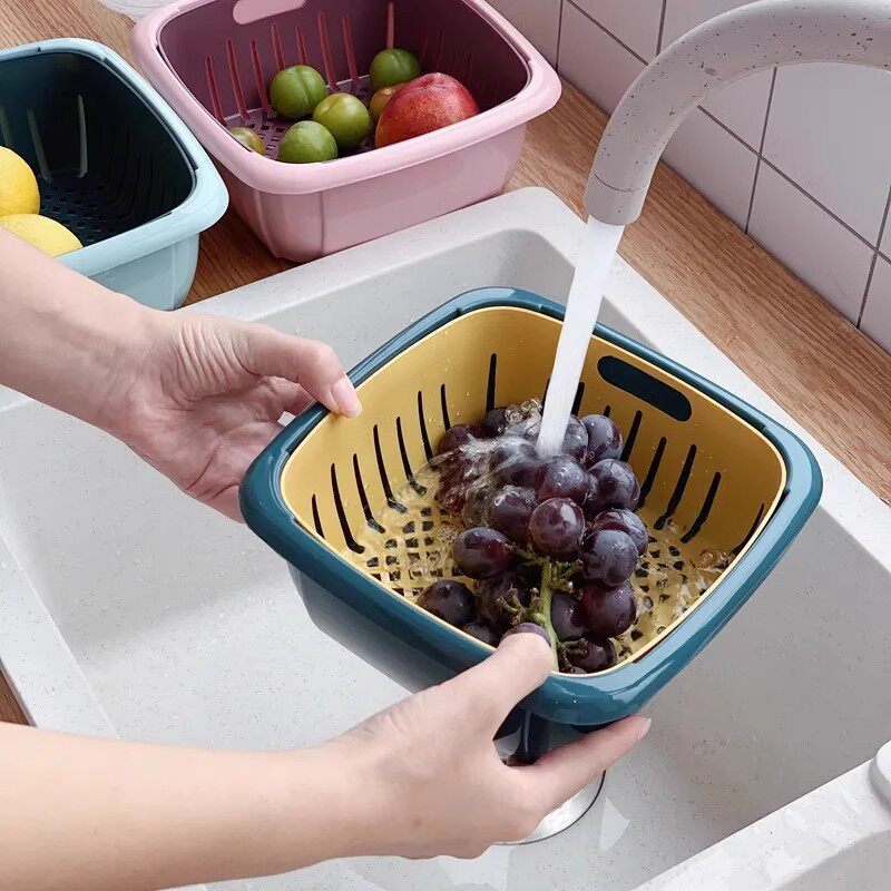 Double-Layer Vegetable Washing Basin with Plastic Draining Basket, Colander for Washing Rice, Vegetable Basket, Fruit Washing Tray, Practical Water-Draining Basin