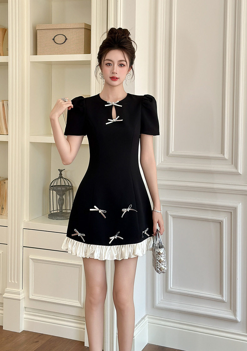 Đầm suông midi tay ngắn cổ tròn eo cao phong cách Pháp — [Màu đen] chi tiết 6