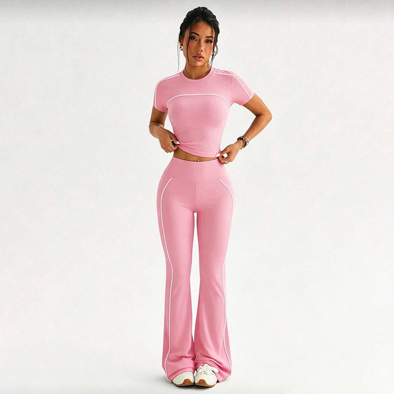 Womens Summer Sports Set Fitted Short Sleeve T Shirt with Round Neck High Waisted Slim Leggings Wholesale Available