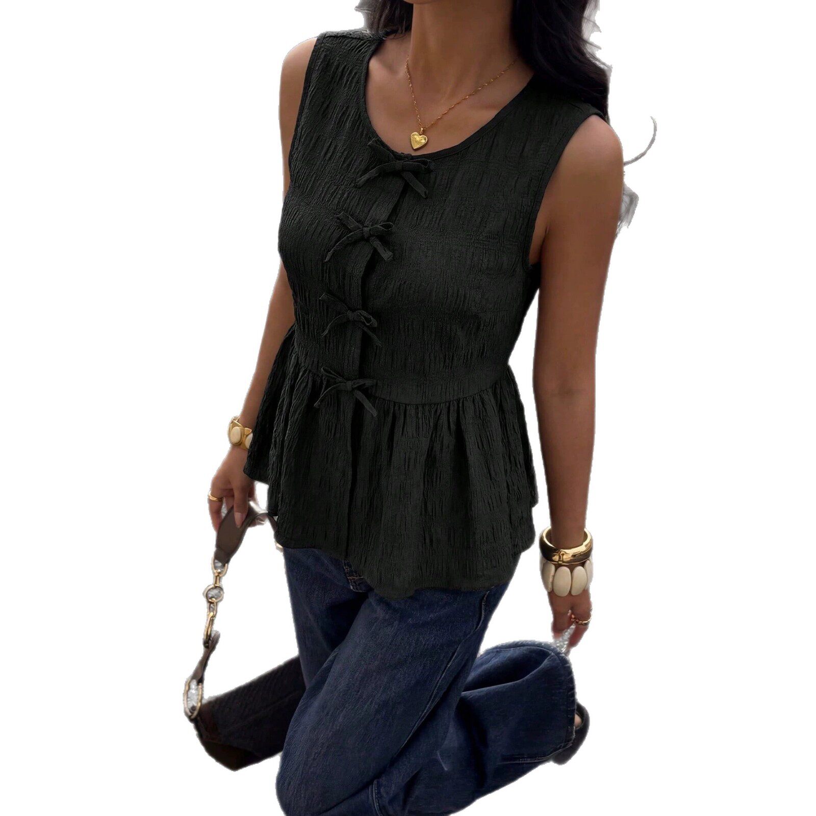 Sleeveless Bow Decorated Top Slim Fit Ruffled Hem Summer Style Perfect for Casual Outings Wholesale Available
