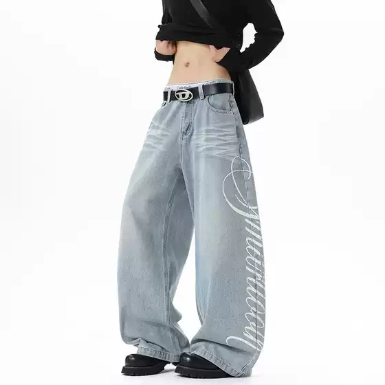 American Street Vibe Light-Colored Distressed Washed Jeans Retro Relaxed Cool Straight Wide-Leg Floor-Length Pants