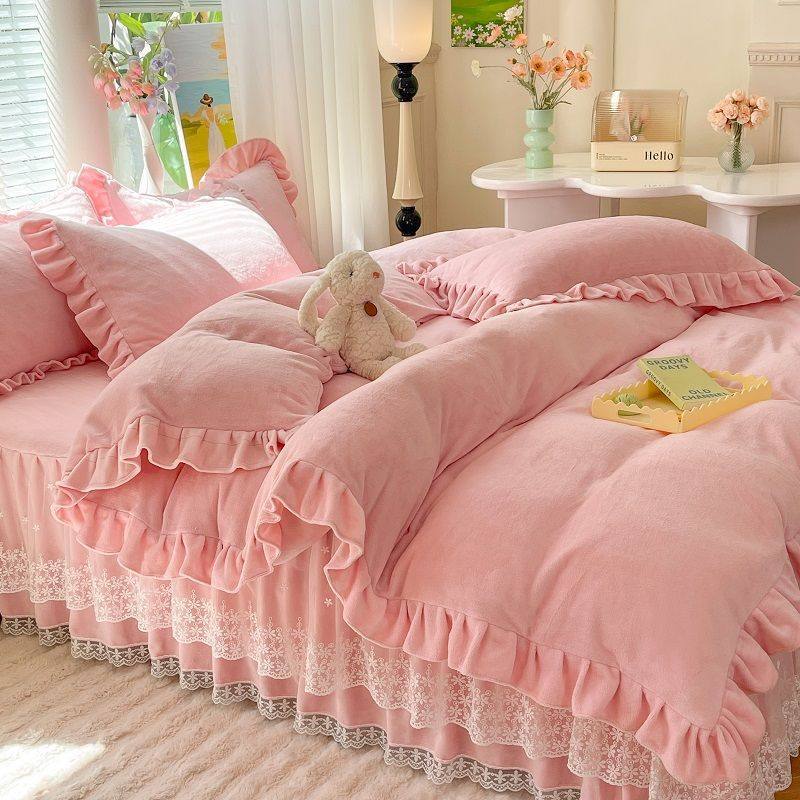 Winter Thickeneded Milk Velvet Bed Skirt Four-Piece Set Double-Sided Velvet Quilt Cover Bed Sheets Three-Piece Set Quilt Cover Bedding