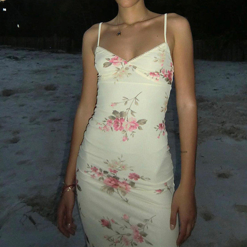 Vintage Floral Print V Neck Maxi Dress Elegant Fit Sleeveless Summer Style Perfect for Beach Vacations Wholesale