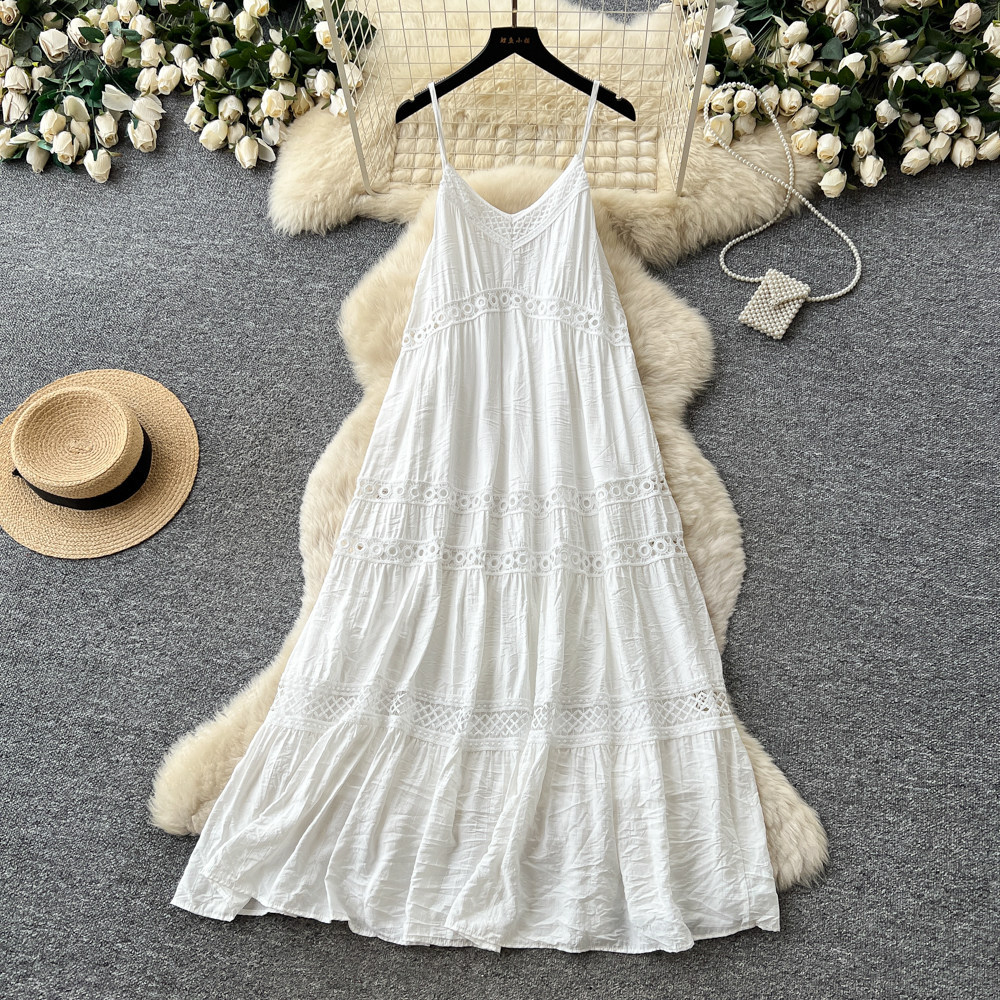 White Lace Embroidered Maxi Dress French Vacation Style Slim Fit Backless Summer Fashion Wholesale Available