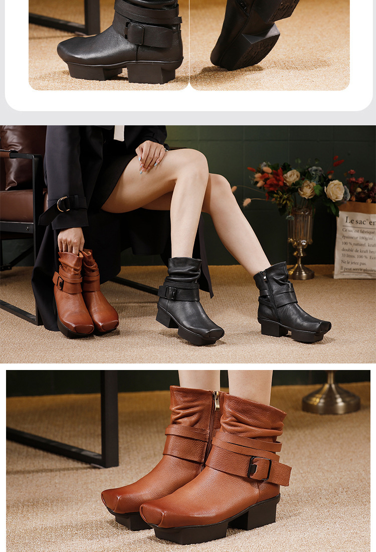 Boot nữ da bò thật cổ thấp mũi vuông gót vừa phong cách retro — màu đen, màu nâu