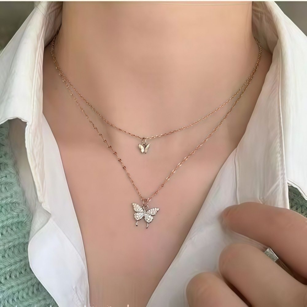 Double-layer Butterfly Necklace ~ Flash Diamond Pendant Spring and Summer New Fashionable Necklace Chain Women's Ins South Korea All-match Cold Style Clavicle Chain