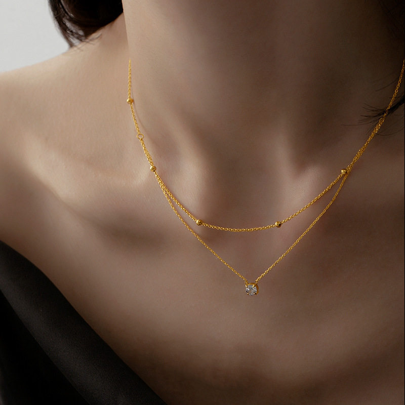 2025 New Exquisite Half-Double-Layer Single Diamond Titanium Steel Necklace, Feminine, Light Luxury, Niche Style, Layered Gold Bead Collarbone Chain