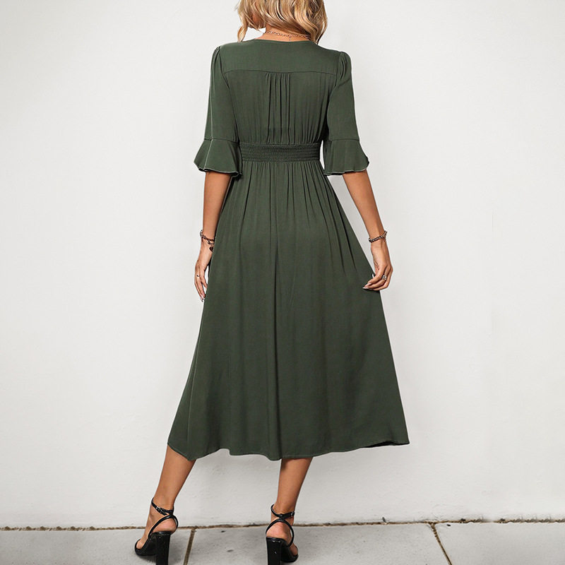Elegant V Neck Flare Sleeve Midi Dress Solid Color Summer Style Perfect for Casual or Formal Occasions Wholesale