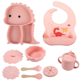 Cross-border dinosaur children's silicone plate suction cup integrated bowl set baby silicone tableware cartoon compartment plate