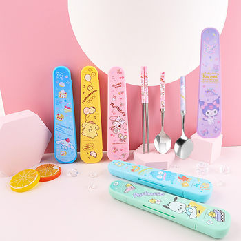 Sanrio Chopsticks Spoon suit Cartoon Storage Box Tableware Children's Primary School Girls School Three-Piece Set for One Person