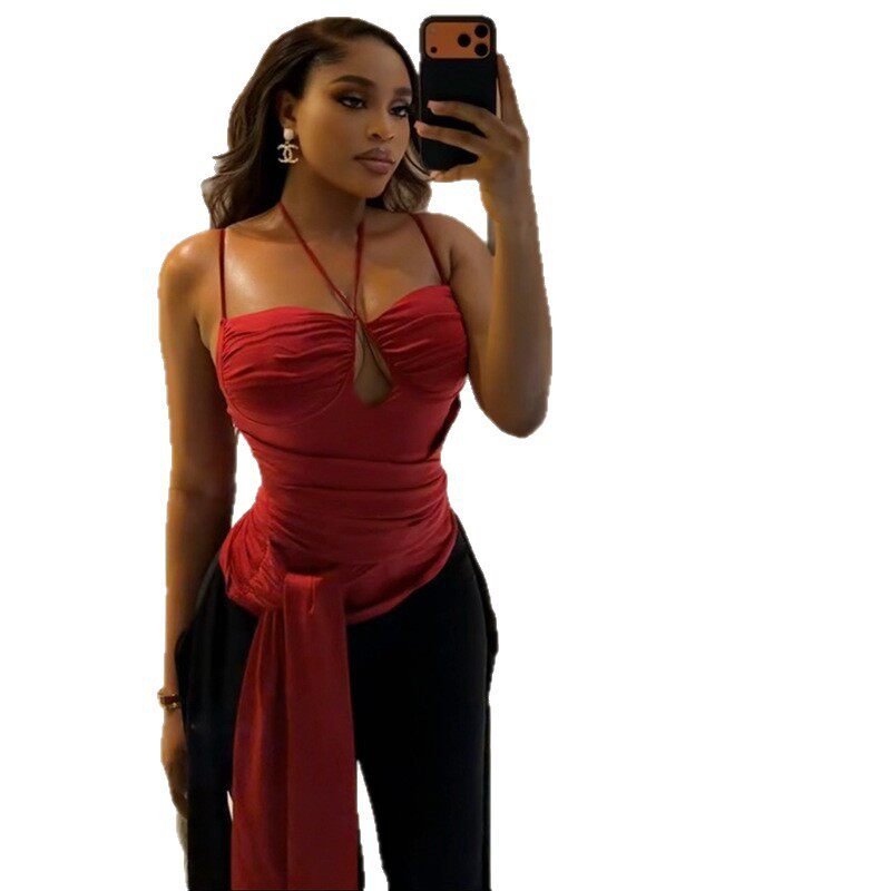 Summer Sleeveless T Shirt Solid Color Ruffled Design Backless Slim Fit Casual Wear for Women Wholesale Available