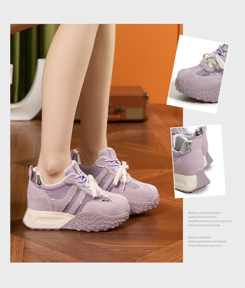 Giày sneaker nữ đế dày chunky da microfibre phong cách đơn giản, gót siêu cao 8cm — Len thuần, Vàng, Tím chi tiết 3