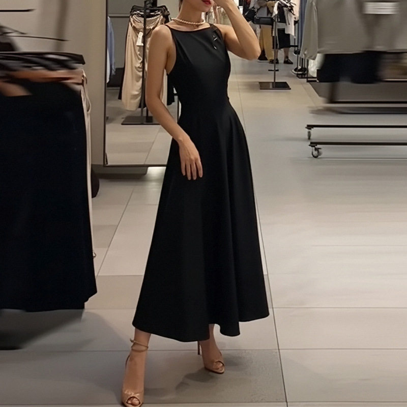 Womens Summer Dress Elegant Solid Color Round Neck Slim Fit Perfect for Casual Outings or Events Wholesale